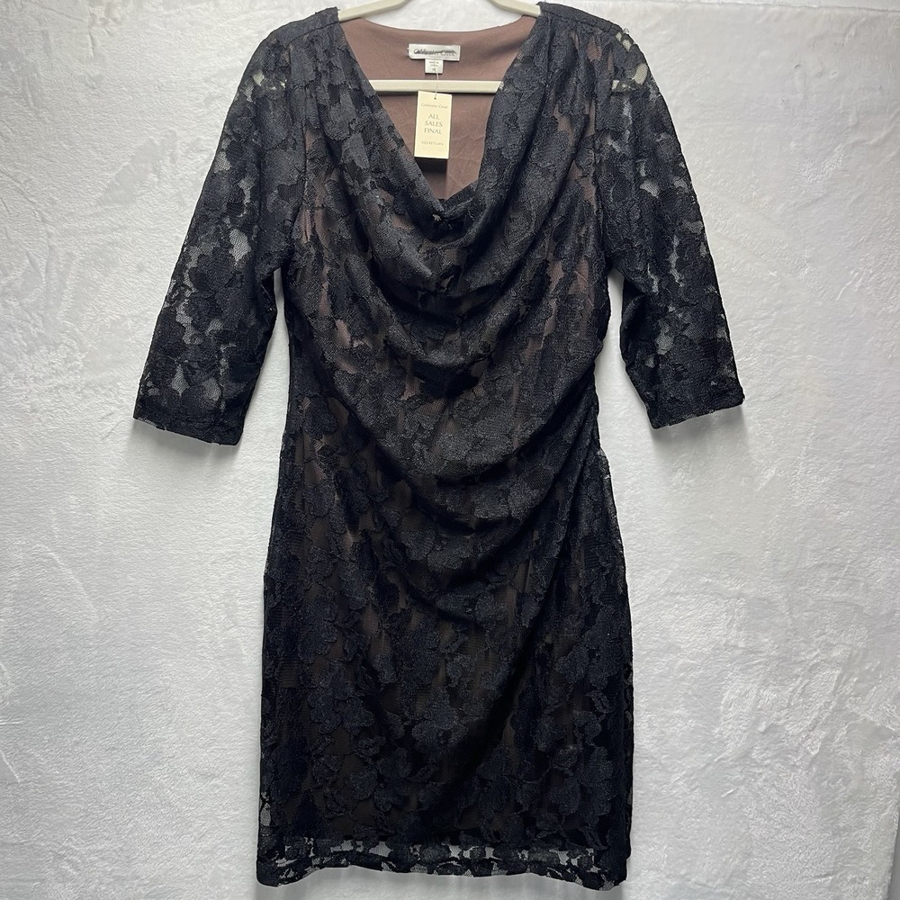 COLDWATER CREEK Cowl Neck Dress Womens 14 Black Lace Brown Lining 3/4 Sleeve NEW
